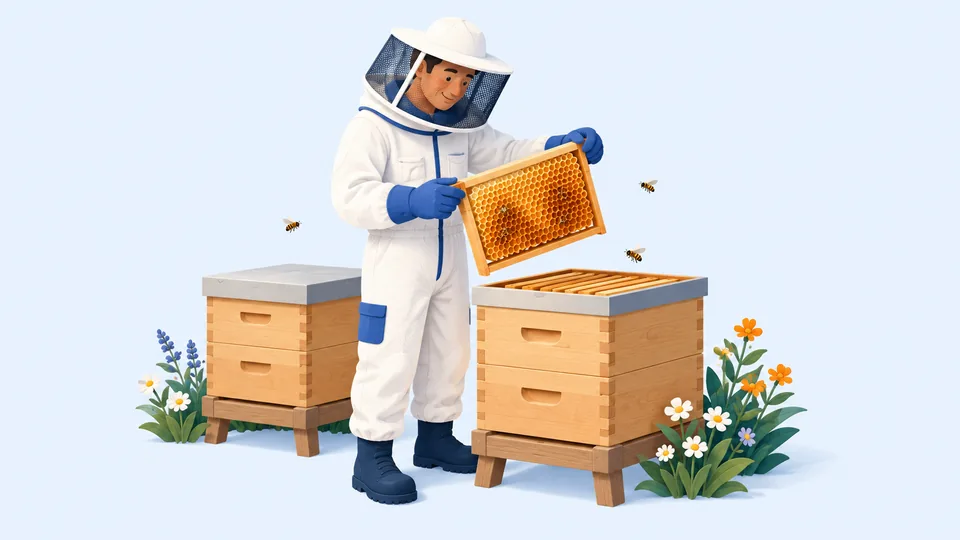 Un apiculteur examine un cadre de miel près de ses ruches.